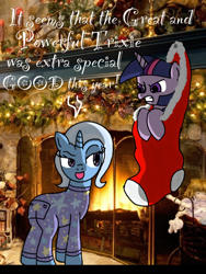 Size: 768x1024 | Tagged: safe, artist:themeaningofj, derpibooru import, trixie, twilight sparkle, butt flap, christmas, christmas stocking, clothes, no tail, pajamas