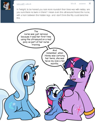 Size: 600x799 | Tagged: safe, artist:dekomaru, derpibooru import, trixie, twilight sparkle, oc, oc:nebula, ask, female, lesbian, magical lesbian spawn, offspring, parent:trixie, parent:twilight sparkle, parents:twixie, pregnant, shipping, tumblr, tumblr:ask twixie, twixie