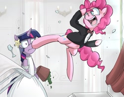 Size: 1400x1100 | Tagged: safe, artist:uc77, derpibooru import, pinkie pie, twilight sparkle, earth pony, pony, bipedal, clothes, dress, duo, hotblooded pinkie pie, suit, twilight is not amused, unamused, wedding dress