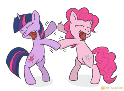 Size: 992x736 | Tagged: safe, artist:muffinexplosion, derpibooru import, pinkie pie, twilight sparkle, earth pony, pony, bipedal, eyes closed, hoofy-kicks, open mouth, sissy slap fight, tongue out