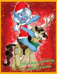 Size: 1250x1600 | Tagged: safe, artist:phillipfga, artist:showtimewithwhooves, derpibooru import, doctor whooves, trixie, reindeer, christmas, clothes, costume, ponies riding ponies, tumblr