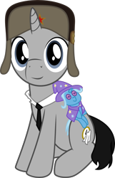 Size: 1800x2794 | Tagged: safe, artist:eagle1division, derpibooru import, trixie, oc, oc only, oc:ragtime melody, pony, unicorn, 2018 community collab, derpibooru community collaboration, hat, looking at you, male, necktie, plushie, simple background, sitting, smiling, solo, soviet, stallion, transparent background, ushanka, vector