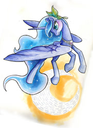 Size: 600x827 | Tagged: safe, artist:ladyamaltea, princess luna, alicorn, pony, flower, flower in hair, moon, solo, spread wings, traditional art