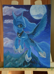 Size: 1500x2051 | Tagged: safe, artist:rallerae, princess luna, alicorn, pony, flying, moon, night, oil painting, painting, s1 luna, solo, traditional art