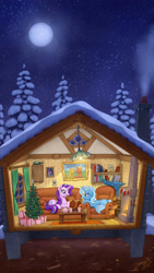 Size: 2000x3556 | Tagged: safe, artist:1jaz, derpibooru import, applejack, big macintosh, starlight glimmer, trixie, twilight sparkle, twilight sparkle (alicorn), alicorn, earth pony, pony, unicorn, american gothic, bill cipher, book, bookshelf, bottle, cabin, chimney, christmas, christmas tree, cross section, curtain, duo focus, female, fireplace, full moon, gravity falls, high res, holiday, house, interior, lazytown, light, lucky cat, maneki neko, mare, mein kampf, moon, night, open mouth, pinecone, present, programming, prone, reading, sky, smiling, snow, sofa, starry night, stars, tree, we are number one, when you see it, window, winter