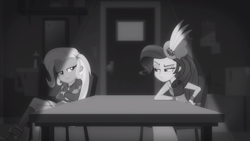 Size: 1272x716 | Tagged: safe, derpibooru import, screencap, rarity, trixie, better together, equestria girls, rarity investigates: the case of the bedazzled boot, black and white, duo, duo female, female, grayscale, monochrome, rarity investigates (eqg): trixie, table