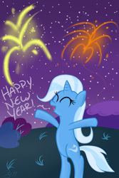 Size: 2000x3000 | Tagged: safe, artist:mikoruthehedgehog, derpibooru import, trixie, pony, bipedal, eyes closed, fireworks, happy new year, night, solo