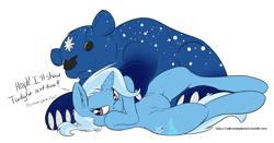 Size: 1280x672 | Tagged: safe, artist:messysketch, derpibooru import, trixie, pony, unicorn, ursa minor, cute, dialogue, female, mare, plushie, simple background, solo, teddy bear, ursa plush, white background