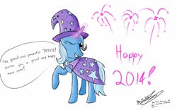 Size: 1280x800 | Tagged: safe, artist:whoovespon3, derpibooru import, trixie, pony, unicorn, 2014, female, fireworks, happy new year, mare, solo, wink