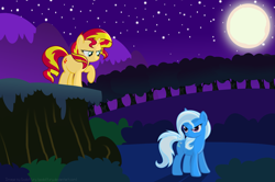 Size: 5283x3500 | Tagged: safe, artist:godoffury, derpibooru import, sunset shimmer, trixie, pony, unicorn, moon, night