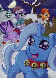 Size: 1448x2000 | Tagged: safe, artist:swasfews, derpibooru import, maud pie, starlight glimmer, sunburst, trixie, earth pony, pony, unicorn, bell, bell collar, blushing, boots, christmas, collar, cute, diatrixes, eyes closed, glimmerbetes, happy, hat, hearth's warming, holiday, moon, night, open mouth, santa hat, shoes, smiling, snow, tree, wavy mouth