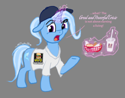 Size: 896x704 | Tagged: safe, artist:snapai, derpibooru import, trixie, pony, unicorn, burger, clothes, dialogue, fast food, female, food, job, mare, solo, uniform, working