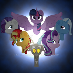 Size: 600x600 | Tagged: safe, artist:strwcherry, derpibooru import, discord, rarity, starlight glimmer, sunset shimmer, trixie, twilight sparkle, twilight sparkle (alicorn), alicorn, draconequus, pony, unicorn, bust, spread wings, watermark, wings