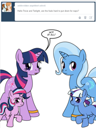 Size: 356x474 | Tagged: safe, artist:dekomaru, derpibooru import, trixie, twilight sparkle, oc, oc:aurora, oc:nebula, ask, female, lesbian, magical lesbian spawn, offspring, parent:trixie, parent:twilight sparkle, parents:twixie, shipping, simple background, tumblr, tumblr:ask twixie, twixie, white background