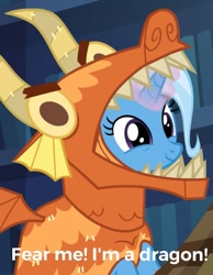 Size: 465x600 | Tagged: safe, derpibooru import, edit, edited screencap, screencap, trixie, pony, unicorn, uncommon bond, 2spooky, clothes, costume, cropped, cute, diatrixes, dragon costume, female, glowing horn, mare, smiling, solo, text