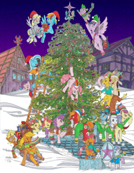 Size: 1600x2058 | Tagged: safe, artist:touki-san, derpibooru import, apple bloom, applejack, big macintosh, derpy hooves, discord, fluttershy, pinkie pie, rainbow dash, rarity, scootaloo, spike, starlight glimmer, sugar belle, sweetie belle, toe-tapper, torch song, trenderhoof, trixie, twilight sparkle, twilight sparkle (alicorn), alicorn, dragon, earth pony, pegasus, pony, unicorn, christmas, christmas tree, clothes, cupcake, cutie mark crusaders, female, food, holiday, male, present, scarf, shipping, sled, snow, snowball fight, straight, sugarmac, traditional art, tree, wall of tags