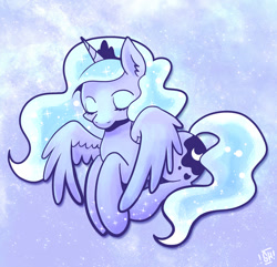 Size: 800x772 | Tagged: safe, artist:steveholt, princess luna, alicorn, pony, eyes closed, female, mare, prone, sleepy, solo, spread wings, three quarter view