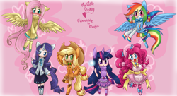 Size: 1651x897 | Tagged: safe, artist:mahoxyshoujo, artist:ponygoggles, derpibooru import, applejack, fluttershy, pinkie pie, rainbow dash, rarity, twilight sparkle, clothes, dress, eared humanization, flying, horned humanization, humanized, mane six, scarf, skirt, sweater, sweatershy, tailed humanization, winged humanization