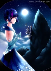 Size: 591x827 | Tagged: safe, artist:aconi, derpibooru import, twilight sparkle, castle, clothes, dress, equestria, evening gloves, gala, gala dress, grand galloping gala, humanized, moon, night