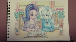 Size: 1024x576 | Tagged: safe, artist:daisymane, derpibooru import, starlight glimmer, trixie, equestria girls, book, cafe, coffee, duo, flower, sitting, sketchbook, teaching, traditional art, watercolor painting