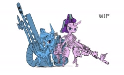 Size: 2047x1243 | Tagged: safe, artist:satv12, derpibooru import, starlight glimmer, trixie, pony, robot, robot pony, android, duo, female, glimmerbot, gun, gynoid, mecha, mechanic, weapon, wip