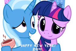 Size: 1050x700 | Tagged: safe, artist:navitaserussirus, derpibooru import, trixie, twilight sparkle, 2014, alcohol, derp, drunk, female, happy new year, holiday, lesbian, new year, shipping, the great and alcoholics trixie, twixie