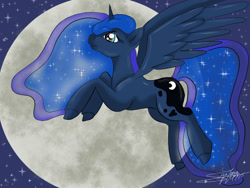 Size: 800x600 | Tagged: safe, artist:littlewolfstudios, princess luna, alicorn, pony, flying, moon, night sky, princess, solo, stars