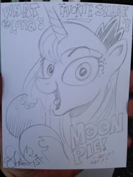 Size: 600x800 | Tagged: safe, artist:andypriceart, princess luna, alicorn, pony, monochrome, moon pie, solo, traditional art