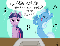 Size: 1833x1412 | Tagged: safe, artist:frostheartissiamese, derpibooru import, trixie, twilight sparkle, my shiny teeth and me, singing, the fairly oddparents, toothbrush