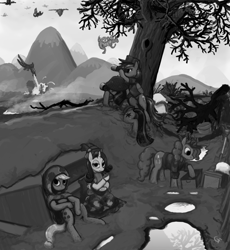 Size: 1843x2000 | Tagged: safe, artist:gordonfreeguy, derpibooru import, applejack, pinkie pie, rainbow dash, rarity, twilight sparkle, dragon, earth pony, pegasus, pony, unicorn, dragon quest, cupcake, dragon migration, migration, monochrome, mountain, pillow, tree, trench