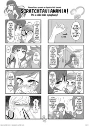 Size: 1062x1505 | Tagged: safe, artist:reavz, dj pon-3, octavia melody, princess luna, vice principal luna, vinyl scratch, equestria girls, 4koma, blood, blushing, comic, female, kissing, lesbian, moe, monochrome, nosebleed, scratchtavia, shipping, swag