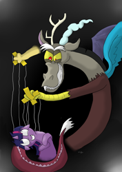 Size: 2480x3507 | Tagged: safe, artist:bewegungslos, derpibooru import, discord, twilight sparkle, high res, insanity, manipulation, puppet rig, puppet strings, puppeteer, twilight snapple