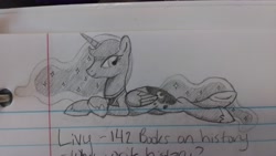 Size: 4320x2432 | Tagged: artist needed, safe, princess luna, alicorn, pony, lined paper, monochrome, prone, solo, traditional art