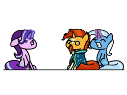 Size: 648x486 | Tagged: safe, artist:flutterluv, derpibooru import, starlight glimmer, sunburst, trixie, pony, unicorn, :, :t, animated, cute, diatrixes, eyes closed, female, floppy ears, frown, glare, glowing horn, grin, harem, magic, male, mare, pulling, rivalry, scrunchy face, shipping, shipping war, simple background, smiling, squee, stallion, starburst, starlight is not amused, straight, sunburst gets all the mares, telekinesis, trio, trixburst, unamused, white background