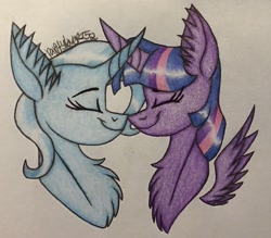 Size: 1531x1342 | Tagged: safe, artist:raritylover152, derpibooru import, trixie, twilight sparkle, twilight sparkle (alicorn), alicorn, female, lesbian, nuzzling, shipping, traditional art, twixie