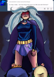 Size: 2975x4200 | Tagged: safe, artist:dinogorawrrainbow, derpibooru import, snails, snips, trixie, ask, bowing, cape, clothes, female, glowing eyes, humanized, male, trixie's cape, tumblr