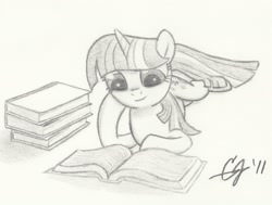 Size: 2242x1693 | Tagged: safe, artist:kingpivot001, derpibooru import, twilight sparkle, unicorn twilight, pony, unicorn, book, female, mare, prone, reading, signature, smiling, solo, traditional art