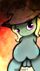 Size: 480x852 | Tagged: safe, artist:wolfkrft, derpibooru import, edit, trixie, pony, unicorn, bipedal, both cutie marks, clothes, female, hands behind back, hat, magic, mare, modern art, optical illusion, revision, signature, solo, trixie's hat, uncanny valley, wat