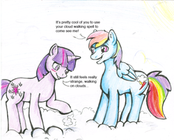 Size: 800x645 | Tagged: safe, artist:the-rabid-brony, derpibooru import, rainbow dash, twilight sparkle, pegasus, pony, blushing, cloud, cloudy, colored pencil drawing, female, lesbian, shipping, traditional art, twidash