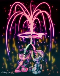 Size: 4825x6117 | Tagged: safe, artist:ferasor, derpibooru import, starlight glimmer, trixie, pony, unicorn, absurd resolution, cute, diatrixes, duo, female, fireworks, glimmerbetes, looking at each other, magic, mare, sitting, smiling