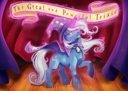 Size: 950x672 | Tagged: safe, artist:kaceymeg, derpibooru import, trixie, pony, unicorn, female, magic, mare, old banner, solo, stage