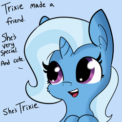 Size: 1648x1648 | Tagged: safe, artist:tjpones, derpibooru import, edit, trixie, pony, unicorn, blue background, bust, cheek fluff, chibi, cute, dialogue, diatrixes, ear fluff, female, leaning, mare, narcissism, open mouth, simple background, smiling, solo, text edit, trixie made a friend