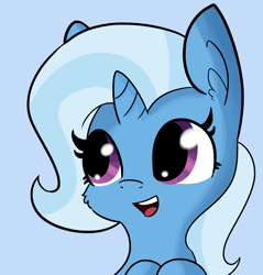 Size: 1472x1540 | Tagged: safe, artist:tjpones, derpibooru import, edit, trixie, pony, unicorn, blue background, bust, cheek fluff, chibi, cute, dialogue, diatrixes, ear fluff, exploitable, female, leaning, mare, open mouth, simple background, smiling, solo, template, textless, tjpones is trying to murder us, trixie made a friend