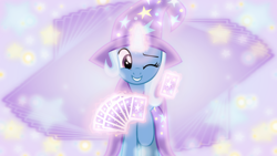 Size: 1600x900 | Tagged: safe, artist:jhayarr23, artist:sailortrekkie92, derpibooru import, trixie, uncommon bond, cape, card, clothes, hat, magic, one eye closed, solo, trixie's cape, trixie's hat, vector, wallpaper, wink