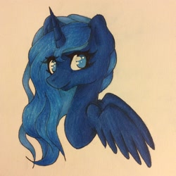 Size: 1936x1936 | Tagged: safe, artist:ponenightingale, princess luna, alicorn, pony, simple background, solo, spread wings, traditional art