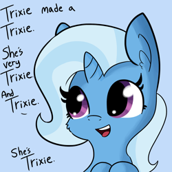 Size: 1650x1650 | Tagged: safe, artist:tjpones, derpibooru import, edit, editor:dsp2003, trixie, pony, unicorn, blue background, bust, cheek fluff, chibi, cute, dialogue, diatrixes, ear fluff, exploitable meme, female, implied duplication, leaning, mare, meme, narcissism, open mouth, simple background, smiling, solo, text edit, trixie made a friend, up to eleven, up to trixie