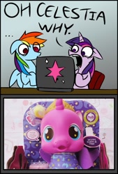 Size: 473x700 | Tagged: safe, artist:spurkeht, derpibooru import, edit, princess skyla, rainbow dash, twilight sparkle, computer, computer meme, exploitable meme, hub logo, irl, meme, newborn, photo, toy