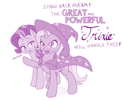 Size: 1000x811 | Tagged: safe, artist:dstears, derpibooru import, starlight glimmer, trixie, pony, unicorn, to change a changeling, cape, clothes, cute, dialogue, diatrixes, duo, female, font, funny, glimmerbetes, great and powerful, hat, looking at you, mare, monochrome, open mouth, raised eyebrow, raised hoof, simple background, trixie's cape, trixie's hat, white background