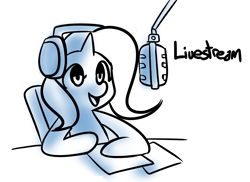 Size: 1280x932 | Tagged: safe, artist:fauxsquared, derpibooru import, trixie, pony, unicorn, female, headphones, mare, microphone, monochrome, solo