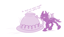 Size: 1000x585 | Tagged: safe, artist:dstears, derpibooru import, pharynx, starlight glimmer, trixie, changeling, pony, unicorn, to change a changeling, cup, curved horn, dialogue, female, male, mare, monochrome, purple, simple background, teacup, white background